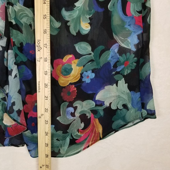 Chicos Floral Ruffle Chiffon Blouse Black Multi Color Smocked Cuff Size 2.5 14 - Picture 6 of 7